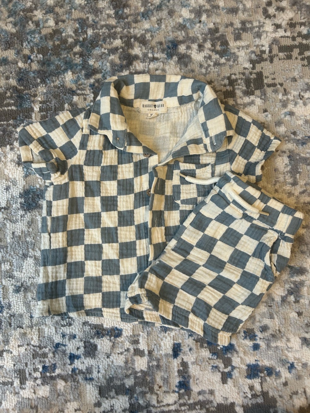 Kids Relaxed Two-Piece Check Lounge Set in Blue and Cream